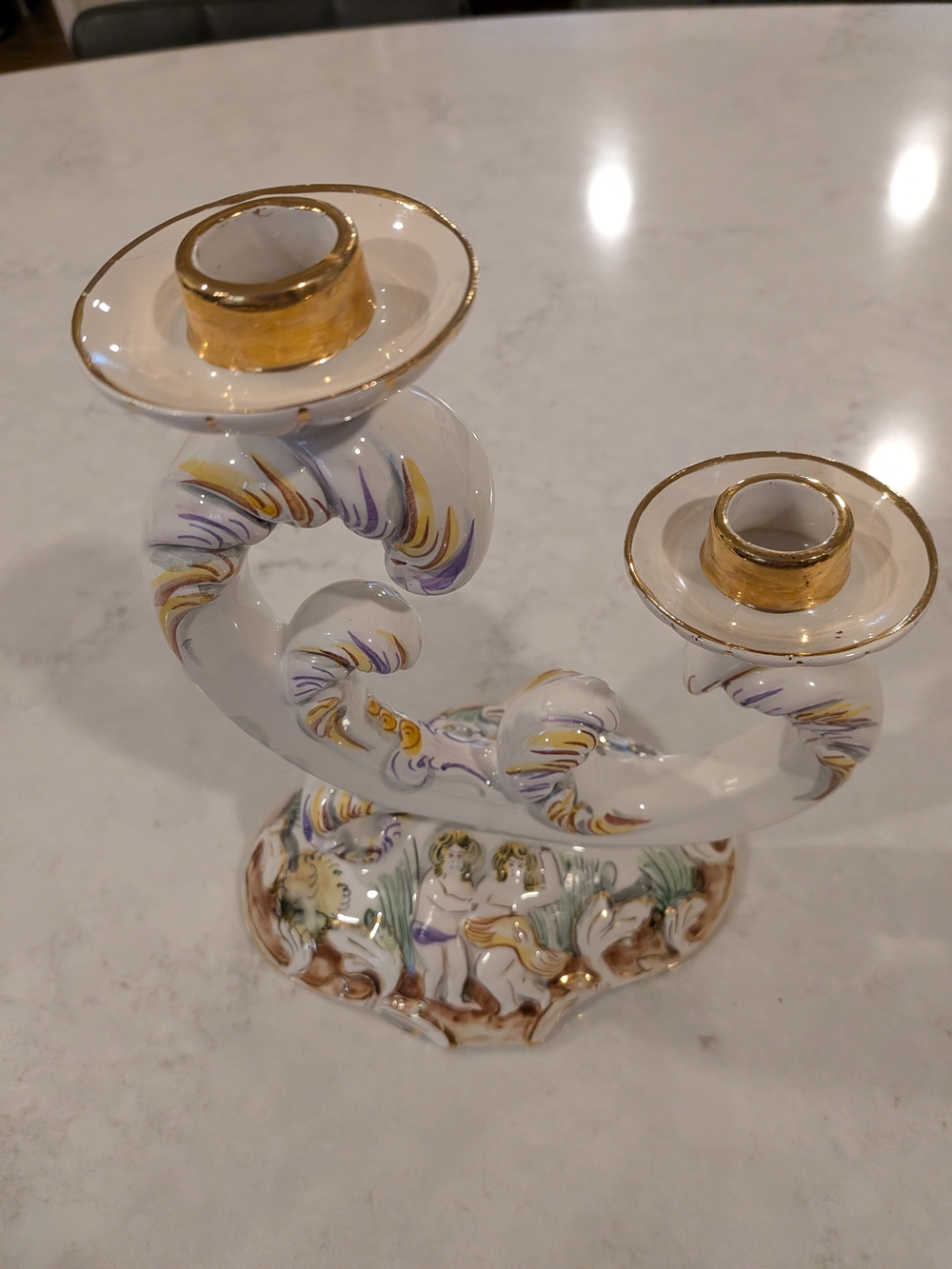 Vintage Before 2007s Hand-Painted Ceramic Double Candle Holder with Gold Trim